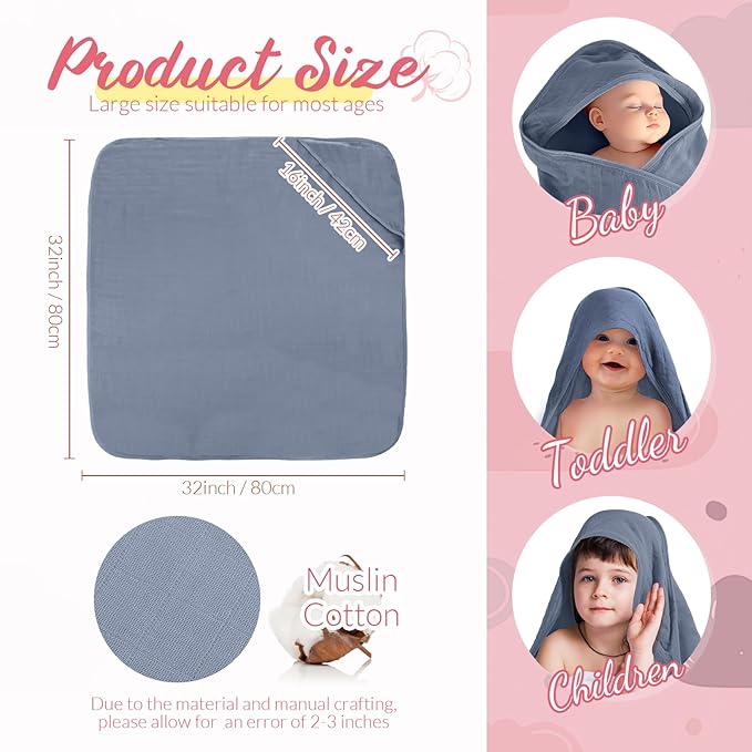 Preboun 6 Pcs Muslin Hooded Baby Towels and Washcloths 32"x 32" Cotton Newborn Bath Towel Anti-Shrink Infant Baby Blankets with Hood 12"x 12" Washcloths for Girl Boy Toddler(Green,Blue)