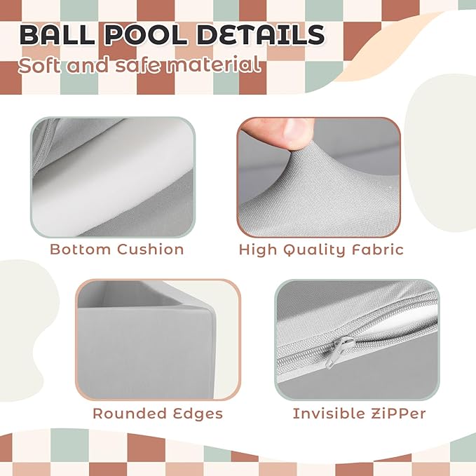 Large Size Soft Foam Ball Pit 47 x 35 x 14 Inch Rectangular, 2.7 Inch Wall Thickness Small Indoor and Outdoor Playground, Ideal Gift for Children (Balls Not Included), Gray