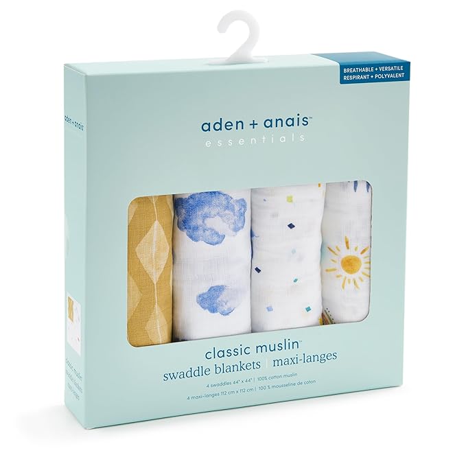 aden + anais Essentials Cotton Muslin Swaddles, Breathable Baby Blanket, Ideal for Boys, Girls, Newborns, Babies & Infants, Receiving Blanket, Soft and Lightweight Wrap, 4 Pack, Kite Parade