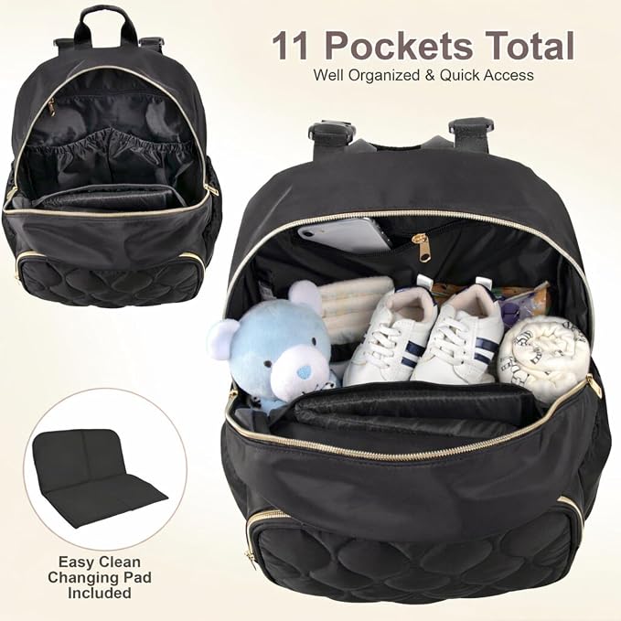 Baby Essentials 3 in 1 Diaper Bag Backpack, Changing Pad & Pacifier Pouch for Newborns, Infants, Toddlers - Quilted, Smooth, Sheek, Padded in Design, Black