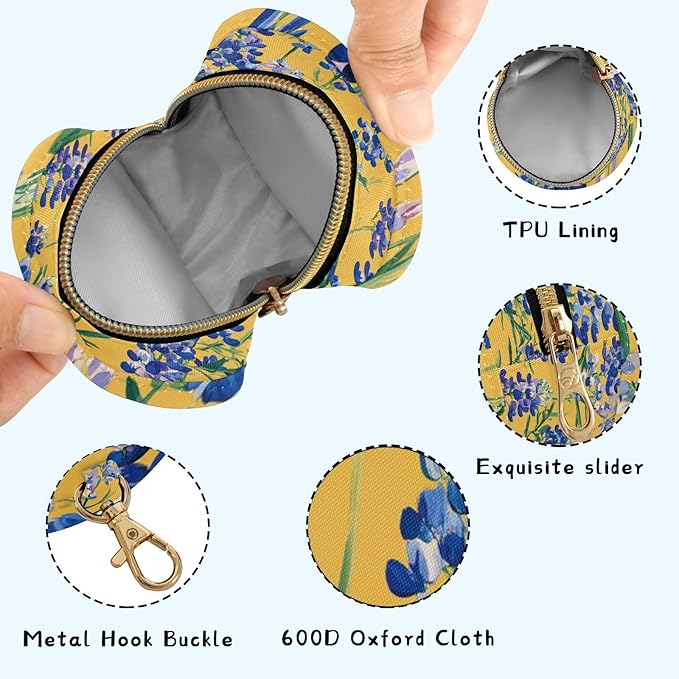 Pacifier Holder with Clip Pacifier Case for Diaper Bag Round Baby Pacifier Pouch Box Bag Portable Yellow Cute Bluebonnet and Wildflowers