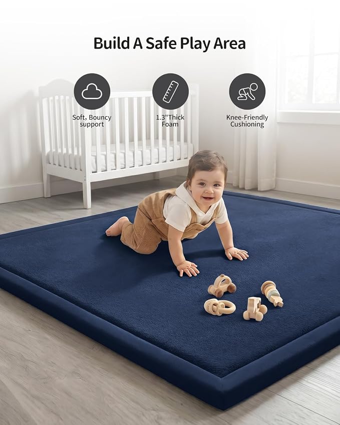 Goyuu Ultra Soft 1.3" Thick Baby Play Mat for Floor, 79x118 Playpen Mat Elasti-Foam Padded Crawling Mat for Babies, Toddlers, Infant, Kids, Non-Slip Backing Safe for Tummy Time, Dark Blue