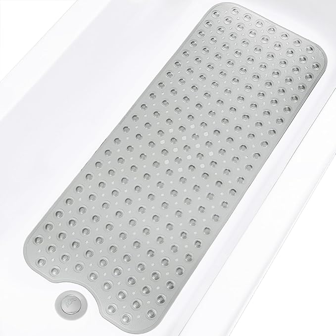 Linoows Bathtub and Shower Mats, Extra Long Non-Slip Bath Tub Mat 39 x 16 Inch, Machine Washable Bathmat with Suction Cups & Drain Holes for Bathroom Floor, Clear Grey