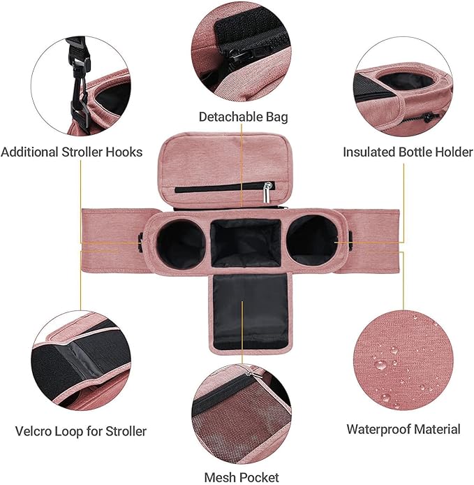 YOXIER Stroller Organizer,Baby Stroller Organizer with 2 Insulated Cup Holder,Detachable Zippered Pocket & Adjustable Shoulder Strap, Universal Stroller Accessories Fits for All Baby Strollers Pink