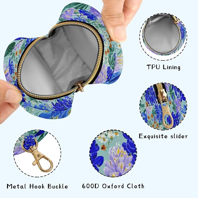 Pacifier Holder with Clip Pacifier Case for Diaper Bag Round Baby Pacifier Pouch Box Bag Portable Turquoise Bluebonnets Small Flowers