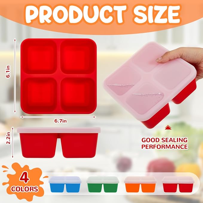 Roshtia 4 Pack Silicone Food Containers with Lids, Reusable Thickened Bento Lunch Box Packs for Meal Prep Food Storage, Microwave Dishwasher Safe(4 Compartment,Bright)