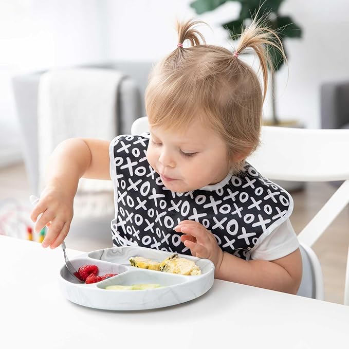 Bumkins Toddler Utensils, Kids Size Fork and Spoon Set, Silicone and Stainless-Steel Training Silverware, Angled Forks / Sporks for Self-Feeding, Children Hold Learning to Eat, 18 Months Up, Marble
