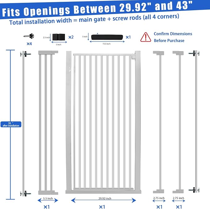 SHYUJAJIE 55 Inch Extra Tall Pet Gate for Cats,29.92"-43" Adjustable Wide Dog Gates,Pressure Mounted Walk Through Tall Pets Gate for Doorways,Hallway,Stairs(White)