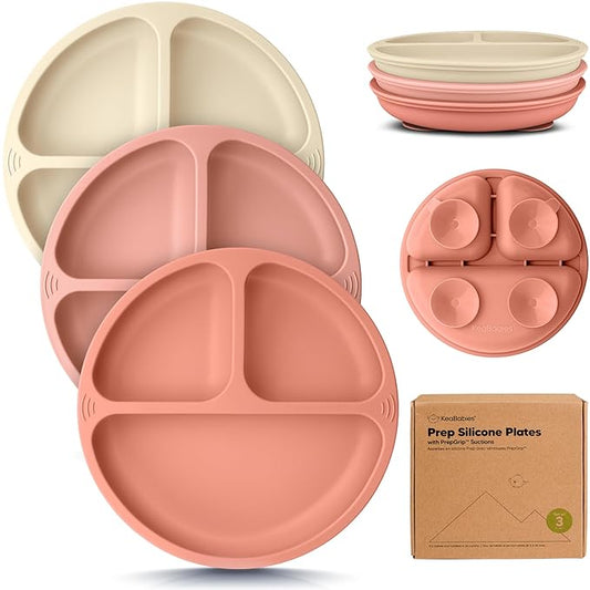 KeaBabies Suction Plates for Baby, Toddler - 3-Pack 100% Silicone Toddler Plates with Suction, Divided, BPA-Free Baby Led Weaning Essentials for Kids, Dishwasher, Microwave Safe, Durable (Roseate)