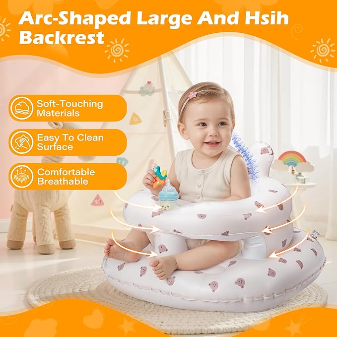 Inflatable Baby Seat for Babies 3??6 Months, Aloxina Sit Me Up Floor Chair with Built-in Air Pump, Extra-Wide Base & Anti-Tip Support, Infant Chair for Sitting & Feeding ??Bear