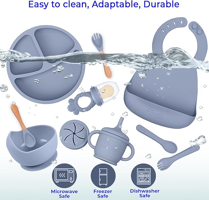Silicone Baby Feeding Set, 10 Pcs Baby Led Weaning Supplies | BPA-Free Baby Dishes with Toddler Plates and Bowls Set, Silicone Bib, Suction Cup, Baby Spoons & Forks | Empower Independence ??Gray