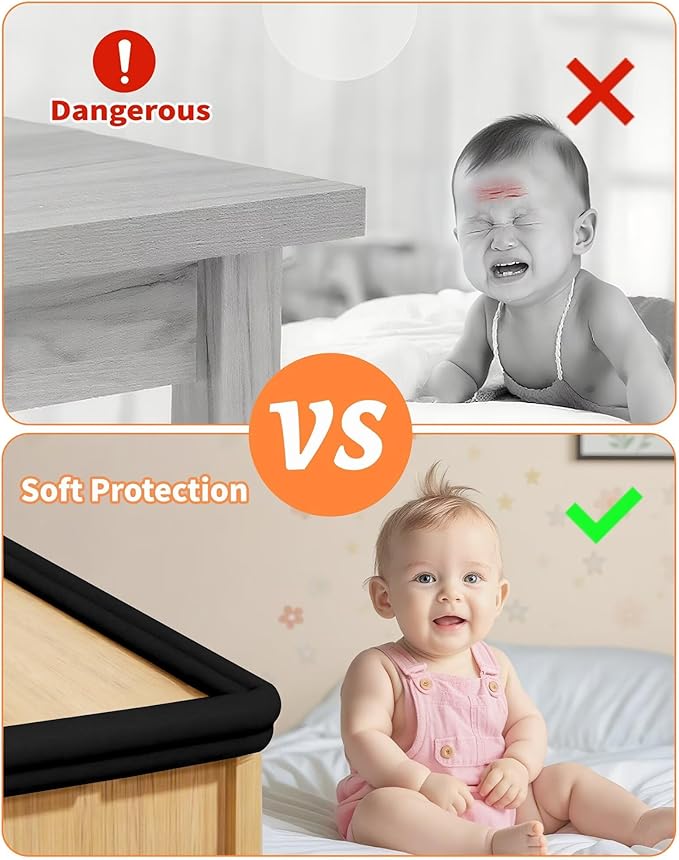 Edge Protector for Baby Proofing, 6.6FT 0.67?™’Th L-Shape Air Buffering Soft NBR Rubber Foam Furniture Edge Bumper Guards with 6 Corners, Pre-Taped, Thick Table Bumper Guard for Babies (Black)