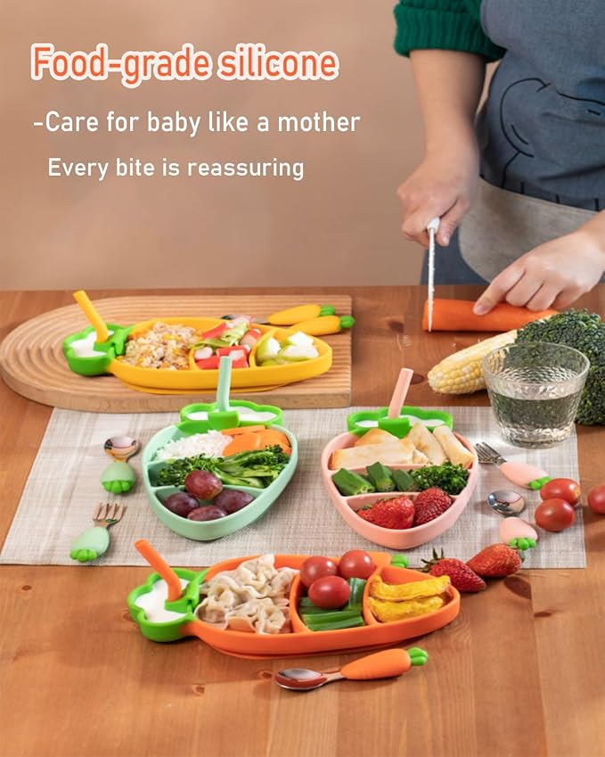 4-Piece Silicone Baby Feeding Set ??Baby Plates with Strong Suction, Toddler Plates Set, Unbreakable Food-Grade Silicone Divided Plate with Spoon, Fork & Straw Brush