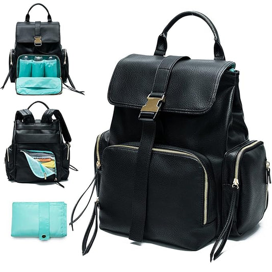 MOMINSIDE Diaper Bag Backpack with 14 Pockets, Leather Baby Bag, pañaleras para bebe Baby Registry, 4 Insulated Pockets, Changing Pad, Stroller Straps (Black)