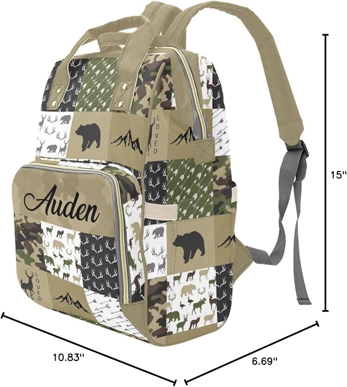 Woodland Deer Bear Baby Diaper Bag with Name – Personalized Nursing Travel Tote Backpack for Mom or Dad, Custom Name Baby Daypack Gift