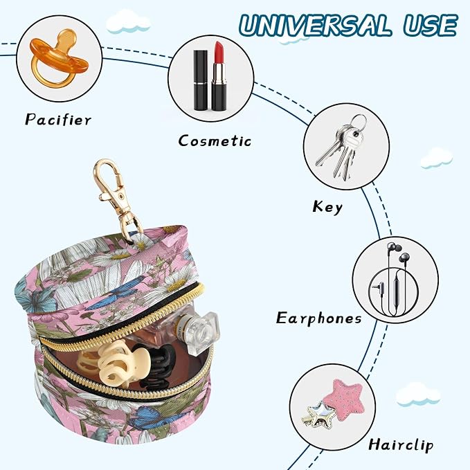 Pacifier Holder with Clip Pacifier Case for Diaper Bag Round Baby Pacifier Pouch Box Bag Portable Daisy Butterfly Pink Retro