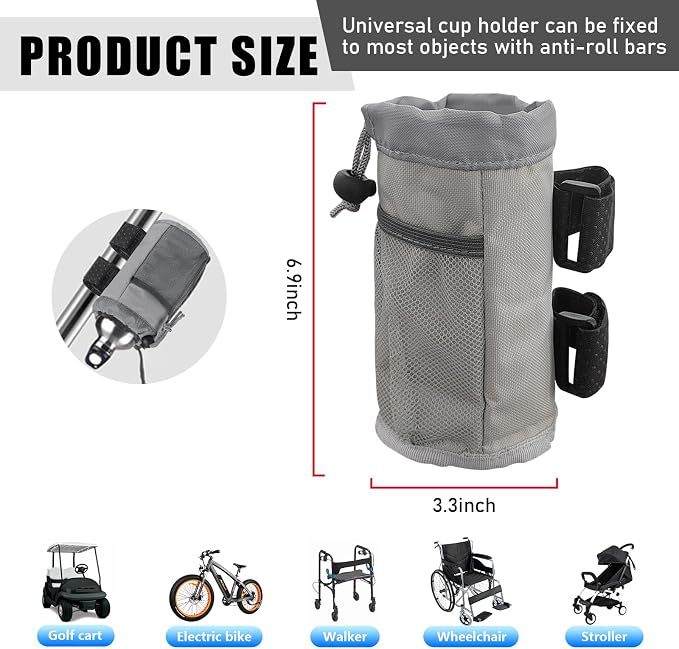 Ohleats 2PCS Cup Holder for Bike, Oxford Cycling Drink Holder with Mesh Pocket and Cord Lock, Universal Water Bottle Organizer for Scooter Wheelchair Handlebar, Bike Accessories (Gray)