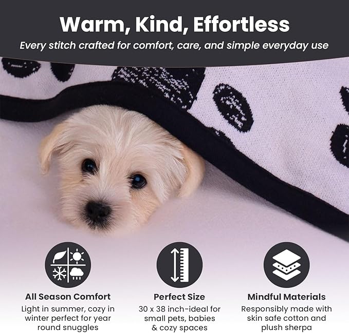 Small Pet Blanket - GOTS Certitied 100% Organic Cotton, Double Layer Plush Sherpa, Beige Jacquard Paw Knit, 30"x40", Ideal for Small Dogs and Cats - Soft and Warm