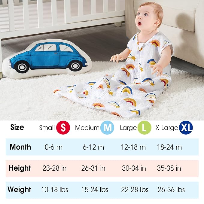david's kids Muslin Cotton Baby Sleep Sack 12-18 Months, 2 Pack 100% Cotton Sleeping Bag for Summer, TOG 0.5 Baby Wearable Blankets with 2-Way Zipper, Soft Sleep Sacks for Newborn Infant, Rainbow