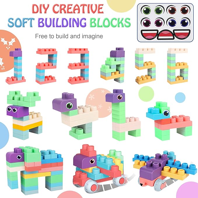 Baby Soft Blocks Building Block Toys, Blocks for Babies 6 Months and Up STEM Educational Toddler Gifts, Soft Rubber Baby Blocks 12-18 Months Big Building Blocks Sensory Toys, 70PCS