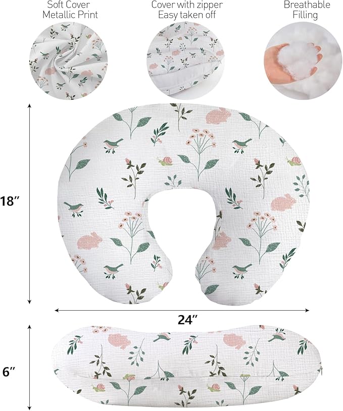 Little Grape Land Muslin Nursing Pillow, Soft 100% Cotton Breastfeeding Pillow with Breathable Cotton Removable Cover, Pink Bunny Breast Feeding Pillows for Babies 0-12 Months with Protective Zipper
