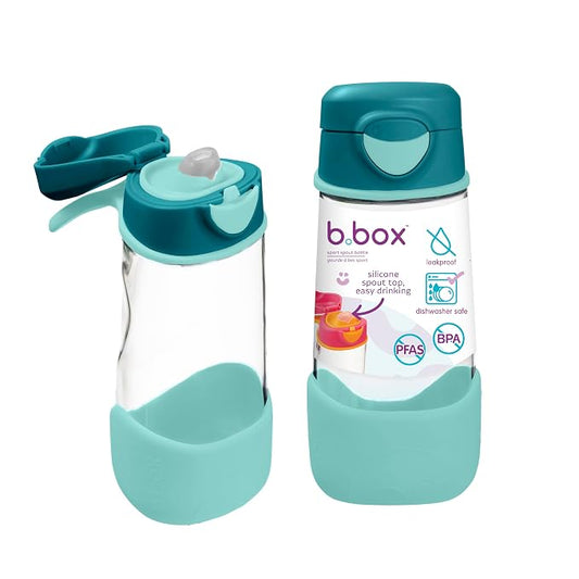 b.box 15oz Sport Spout Kids Water Bottle for School, Sports, Daycare - No-Straw Design for Easy Cleaning - Leakproof - Ergonomic Triangle Grip - Dishwasher Safe, BPA Free, PFAS Free - Emerald Forest