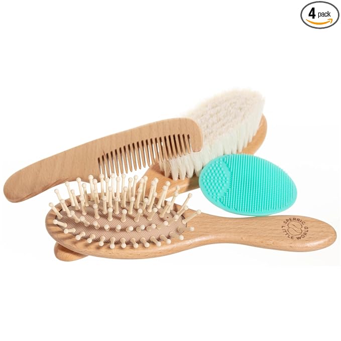 Baby Hair Brush and Comb Set for Newborn – Wooden Baby Brush with Soft Goat Bristle, Cradle Cap Brush for Newborns, Boys and Girls, Pink