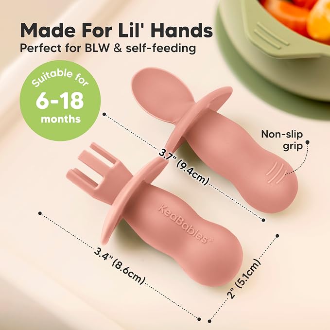 Keababies 4-Pack Silicone Baby Spoons and Forks Set and Suction Plates for Baby, Toddler - Baby Spoon Self Feeding, BLW Baby Utensils - 3-Pack 100% Silicone Divided Baby Plates with Suction