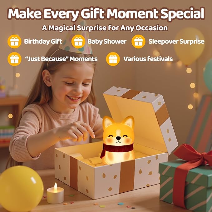 Mewaii BPA-Free Siliconeä¸?Huggwaii Corgi Dog Night Light for Kids, 3 Brightness Levels Nursery Dog Lamp, 30 Min Timer&Rechargeable Cute Puppy Kids Night Light for Bedroom Decor,Corgi Gifts for Boys