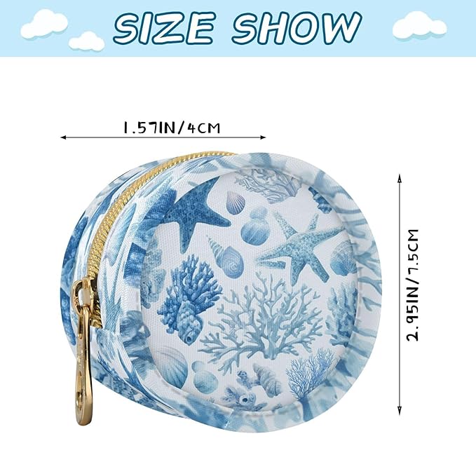 Pacifier Holder with Clip Pacifier Case for Diaper Bag Round Baby Pacifier Pouch Box Bag Portable Blue Starfish Corals Shellfish
