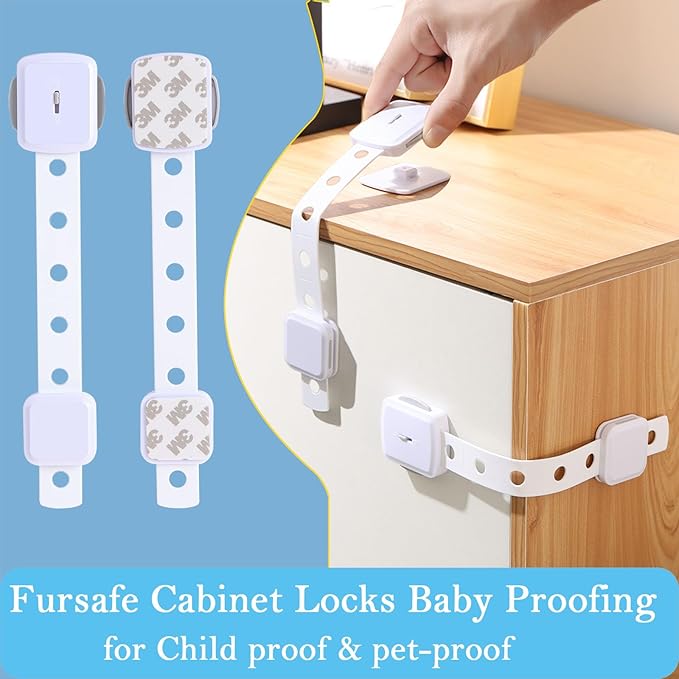 Fursafe&Q Cabinet Locks Baby Proofing, Baby Drawer Safety Locks -Adhesive Child Safety Lock Straps Adjustable Door Latch for Fridge Toilet Oven No Drill Furniture Kitchen Lock