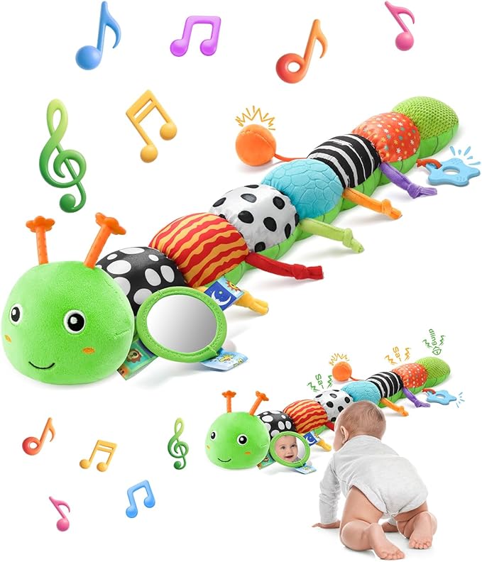 AWOTOY Baby Toys 6-12 Months Music Caterpillar,Stuffed Animals Infant Toys 0-3-6 Months,Teething Sensory Toys Tummy Time with Mirror Crinkle Rattle&Pull String for Boys Girls Gifts Birthday|Green