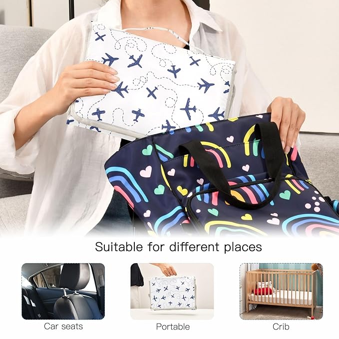 Blue Airplanes Portable Diaper Changing Pad with Wipes Holder, Air Plane Transportation Paw Foldable Baby Diaper Changer Travel Bag White Baby Changing Mat with Built-in Pillow for Newborn