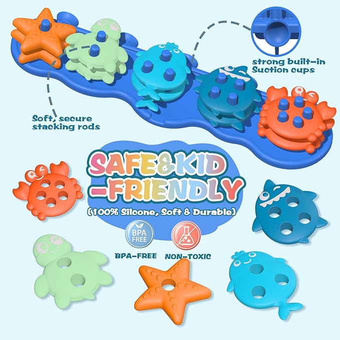 Silicone Baby Bath Toys ??Stackable, Shape-Sorting Floating Set with 10 Mold-Free Textured Pieces, No-Hole Design ??Early Learning Bathtub Toys for Toddlers and Kids