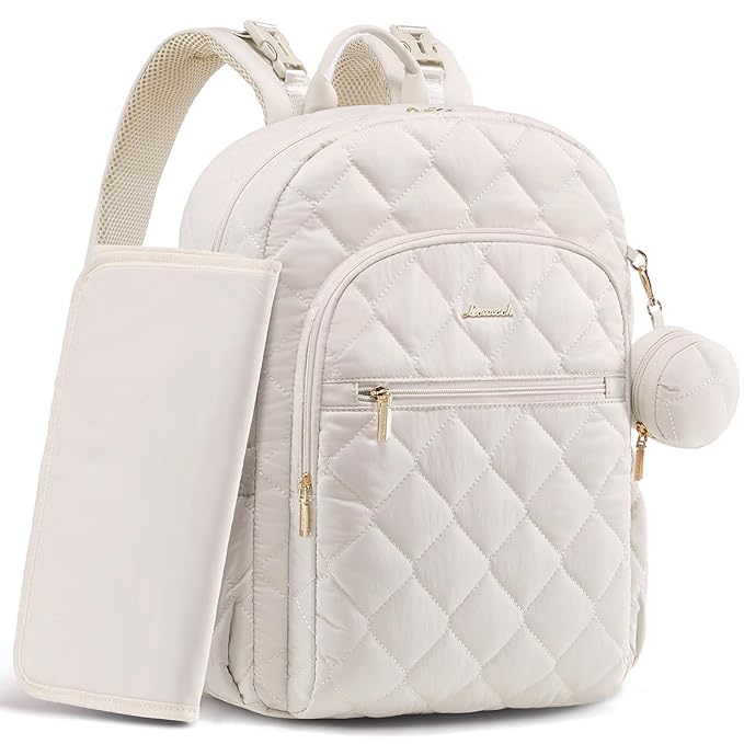 LOVEVOOK Diaper Bag Backpack,Puffer Quilted Baby Diaper Bag with Insulated Pockets,Travel Diaper Backpack for Boys Girls with Changing Pad,Water-Resistant Baby Bag for Mom Dad,Beige