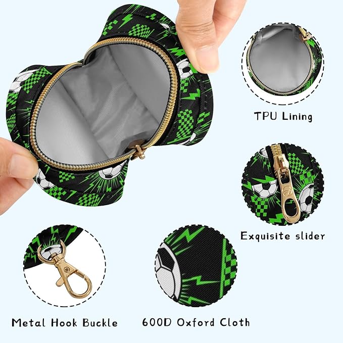 Soccer Ball Green Lightning Print Pacifier Holder Case for Diaper Bag Portable Travel Pacifier Storage Case with Clip Newborn Baby Pouch for Outdoor Purse Baby Boys Girls