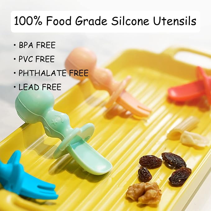 12 Pack Baby Utensils, Silicone Baby Spoons Self Feeding and Baby Forks, Toddler Utensils for Baby Led Weaning, Chewable Utensils First Stage