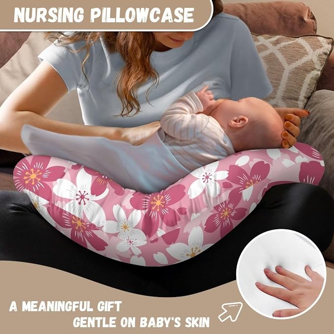 Pink Cherry Blossoms Nursing Pillow Covers, Nursing Pillow Slipcovers Breastfeeding Newborn Infant Feeding Cushion Cover Case