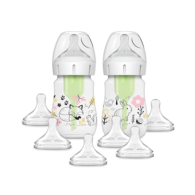 Dr. Brown's Anti-Colic Options + Wide-Neck Baby Bottle Designer Edition, Woodland Decos, 5 oz/150 mL, Level 1 Nipple, 2-Pack, 0m+ with 6-Pack Level 2 Nipples