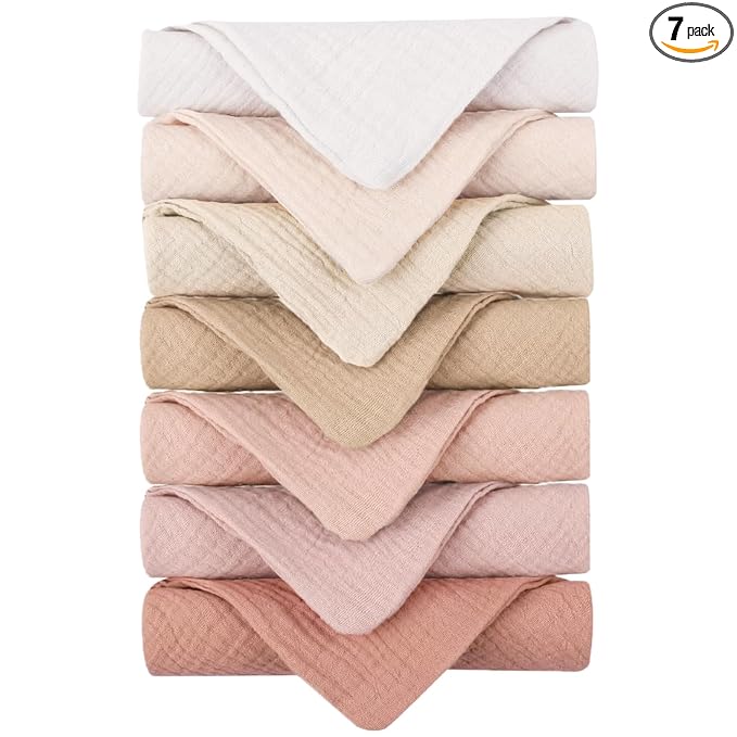 Konssy Baby Muslin Washcloths 7-Pack, 100% Cotton Baby Bath Washcloths, Soft & Absorbent Wash Cloths and Burp Cloths for Newborn Kids Girls & Boys, 11x11 inches