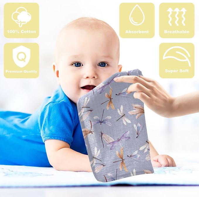 Baby Washcloths Cotton Dragonfly Baby Muslin Washcloths Soft Baby Face Towel for Newborn Infants Baby Wipes, 11.8 X 11.8 Inch, 5 Pack Lilac