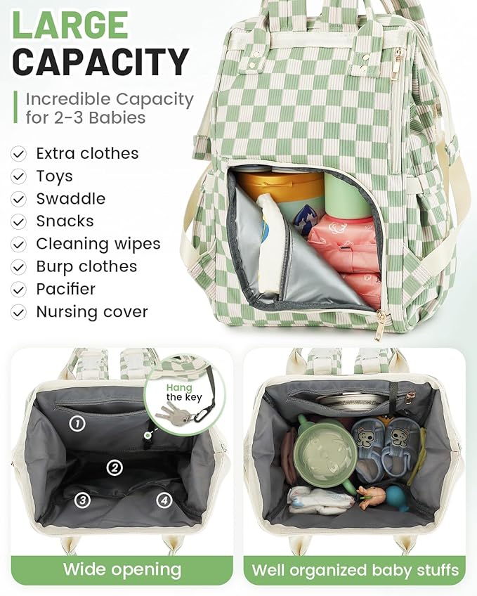 Corduroy Diaper Bag Backpack, Large Capacity Multifunction Baby Diaper Bags for Women, Insulated Bottle Pockets & Pacifier Case, Stylish Travel Nappy Changing Bags for Mom Dad (Checkered Green)