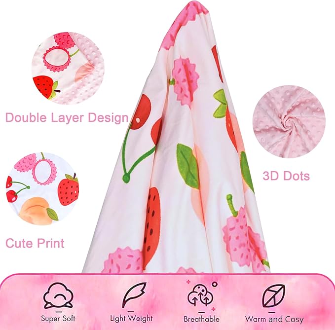 Strawberry Cherry Peach Lychee Minky Baby Blanket for Girls, 29.5'' x 39.3'' Soft Double Layer Receiving Blankets with Dotted Backing for Newborn Toddler Nursery Crib Stroller Car Seat