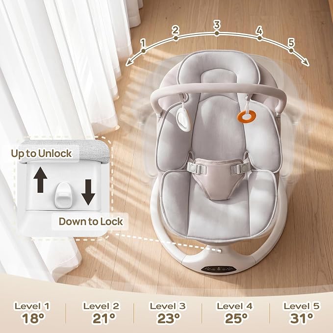 Electric Baby Swing with Remote Control - 5 Natural Motion Speeds, Detachable Seat Pad | Portable Infant Swing for Indoor/Outdoor Use (0-6M, 20lbs) (Beige)