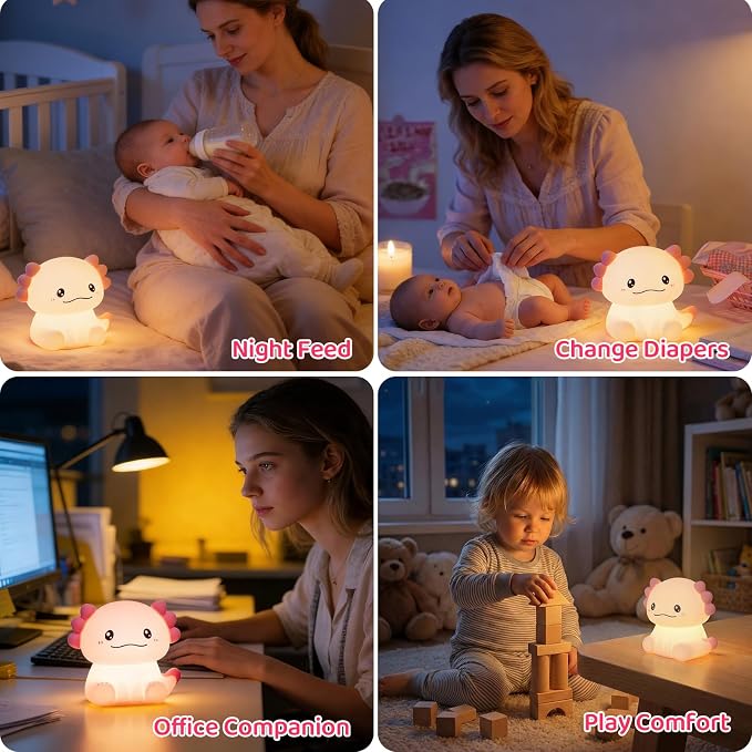 Axolotl LED Night Light, Silicone Touch Lamp for Bedroom with 7 Colors Timer and Dimmable 3-Level Squishy Warm Cute Night Lights, Rechargeable Animal Lamp for Bedroom Decor Birthday Gift