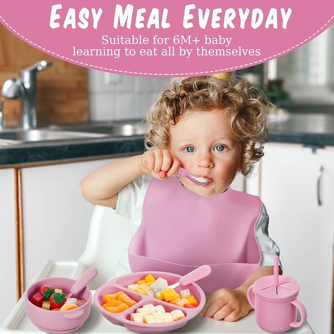 Yinder 24 Pack Silicone Baby Feeding Set Baby Led Weaning Essentials Suction Divided Plate Bowl Spoon Fork Adjustable Bib Snack Cup Straw for 6+ Months(Purple, Pink, Nude)
