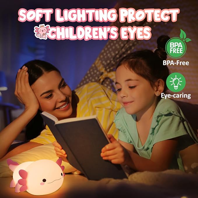 Lampeez Axolotl Gifts, Cute Axolotl Night Light, Soft Silicone Lamp Nursery Nightlight LED Touch Light, Bedroom Decor as Xmas Birthday Gift for Boys Girls