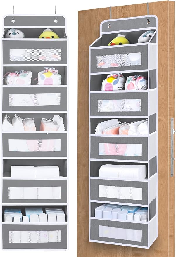 Over The Door Organizer Storage, 5 shelf Hanging Door Organizers with 10 Large Capacity Pockets, Anti Tilt 48 lb Load Behind Door Organizer for Bedroom, Bathroom, Pantry (Grey, 1 Pack)
