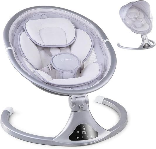 LAREX Baby Swing to Toddler Electric Infant Swing Portable for Newborn Boy Girl, 5 Sway Speeds with Remote Control, 12 Preset Melodies and Bluetooth, 0-6 Months Max 20 Lbs (Sliver)