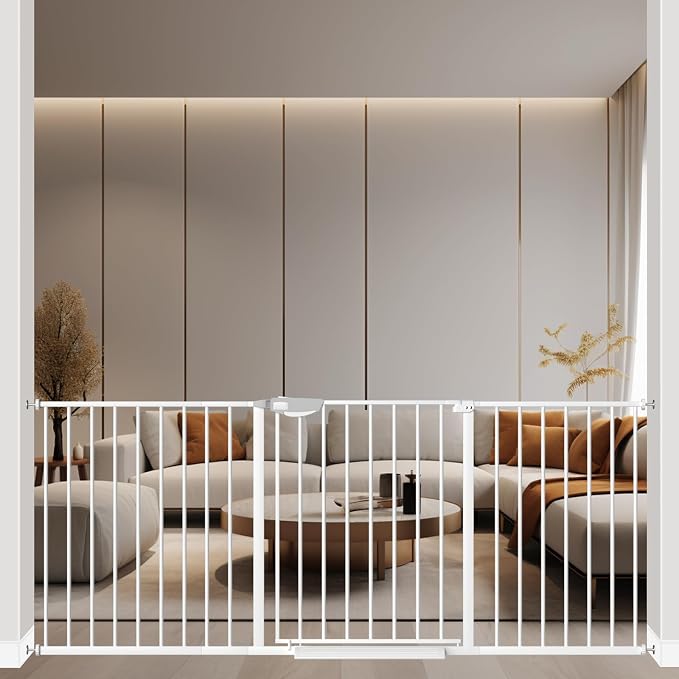 ALLAIBB Triple Lock Extra Wide Baby Gate Pressure Mounted Walk Through Safe Auto Close White Metal Dog Pet Puppy Cat for Stairs,Doorways,Kitchen 68.11-75.98"